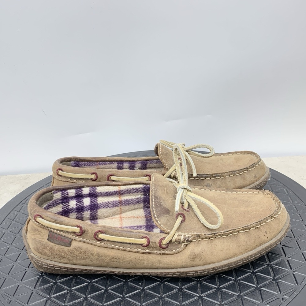LL Bean Slippers‎ Women Size 7 Shoes Brown Leather Flannel Lined Mocs Loafers